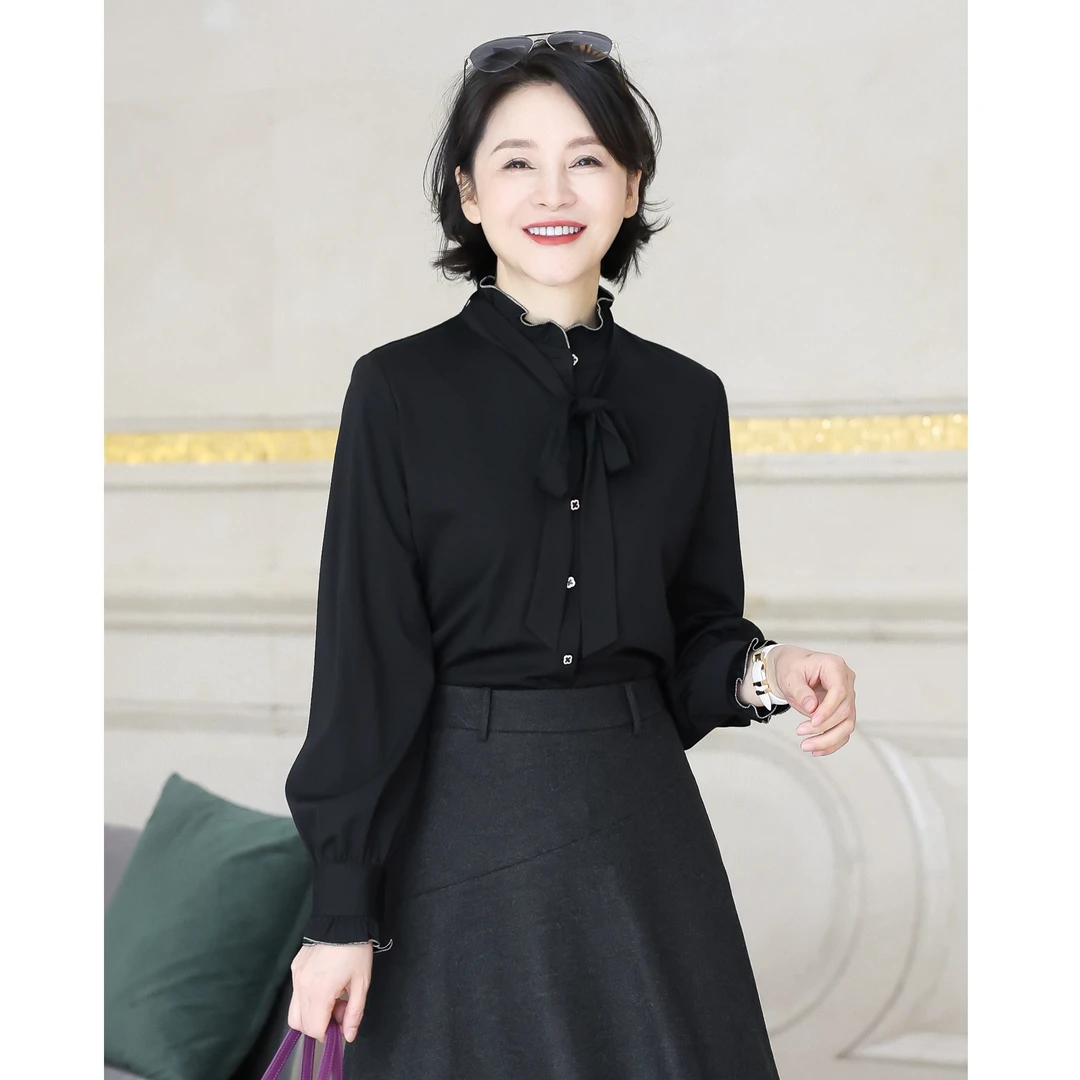 我是摩羯 黑色郁金香 复古宫廷风飘带花边领高弹H型百搭长袖衬衫