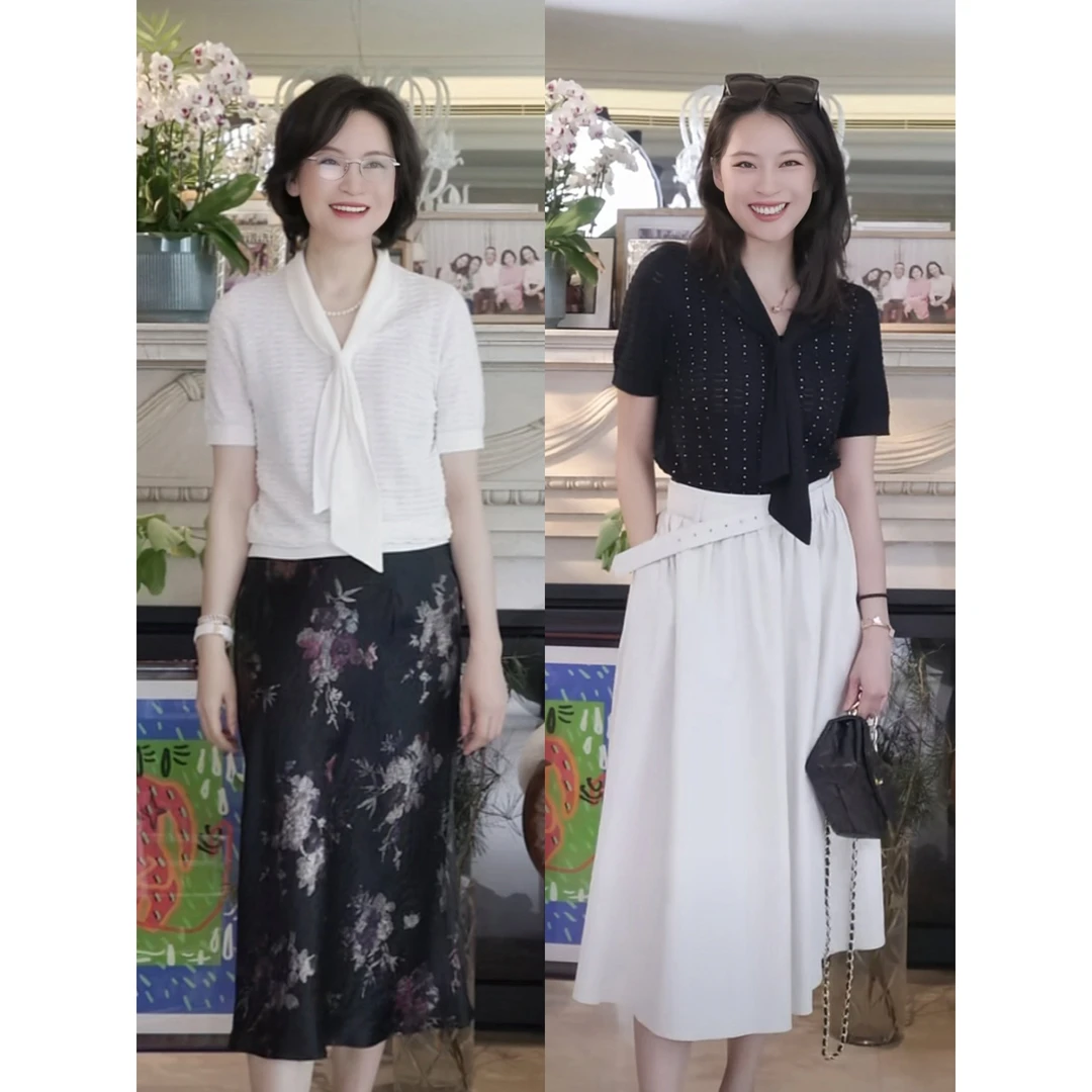 woshimojie 海上繁星 2股75支16针谷波挑洞烫钻春夏V领飘带针织衫