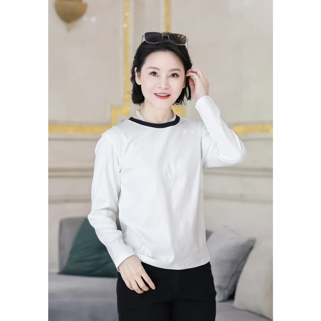 我是摩羯实穿系列 60s新疆长绒棉撞色圆舒适百搭简约长袖T恤纯色