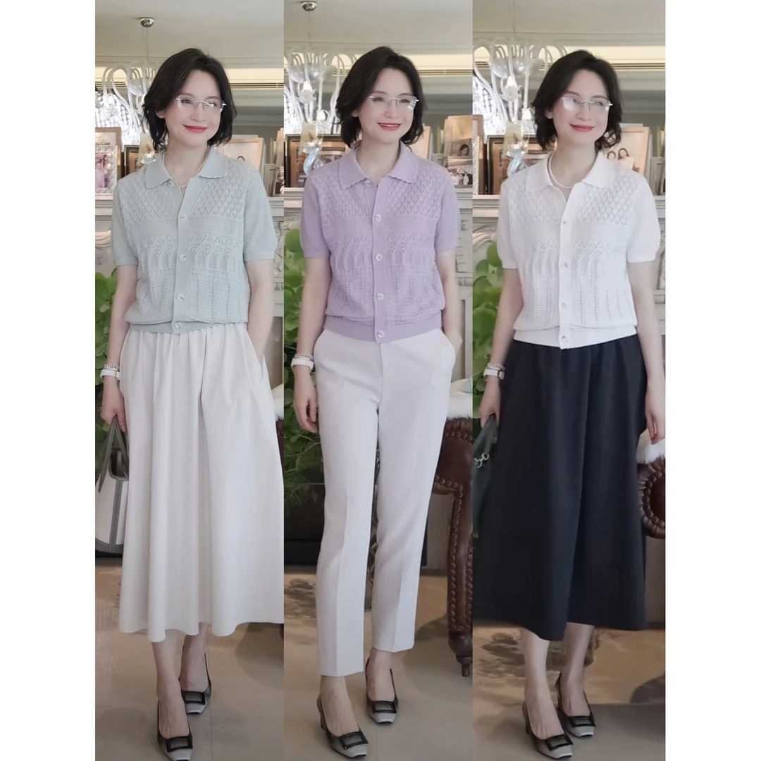 woshimojie 盛夏与蝉 双股32支艾草棉纱镂空花手工钩花短袖针织衫