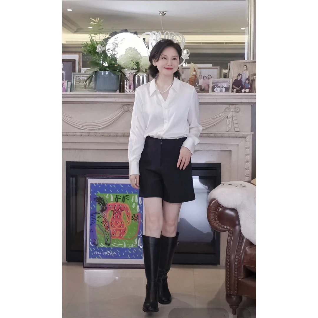 我是摩羯 白月光长袖 6a级19mm桑蚕丝弹力缎面珠光感翻领春夏衬衫