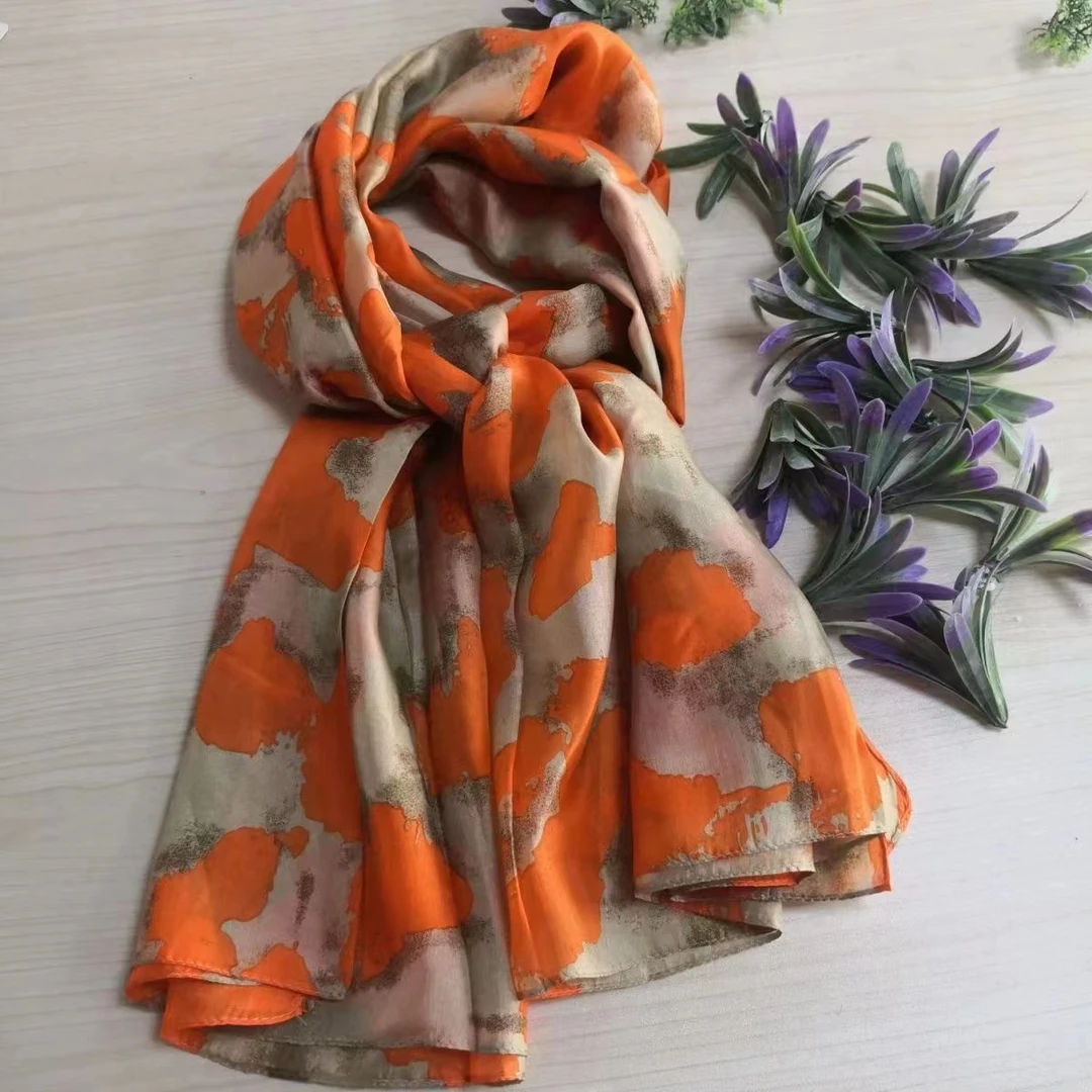 【宠粉丝巾】丽景缎80*180气质大丝巾夏季时尚薄款洋气-橙色迷彩
