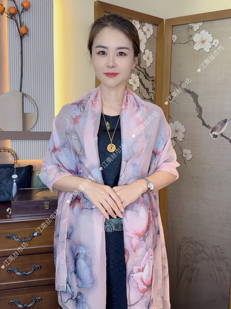 云朵纱120*180左右薄款高定丝巾防晒夏季优雅长巾沙滩巾-芳亭幽兰