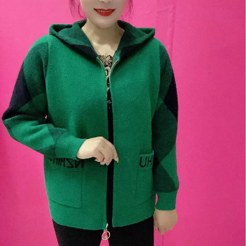 春秋季时尚休闲外套短款2023年新款洋气大码宽松针织连帽开衫上衣