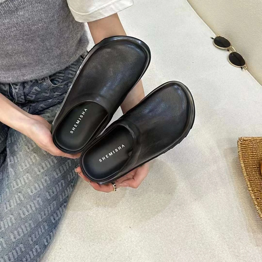 2024女士厚底包头半托鞋真皮外穿复古懒人一脚蹬丑萌大头拖鞋时尚