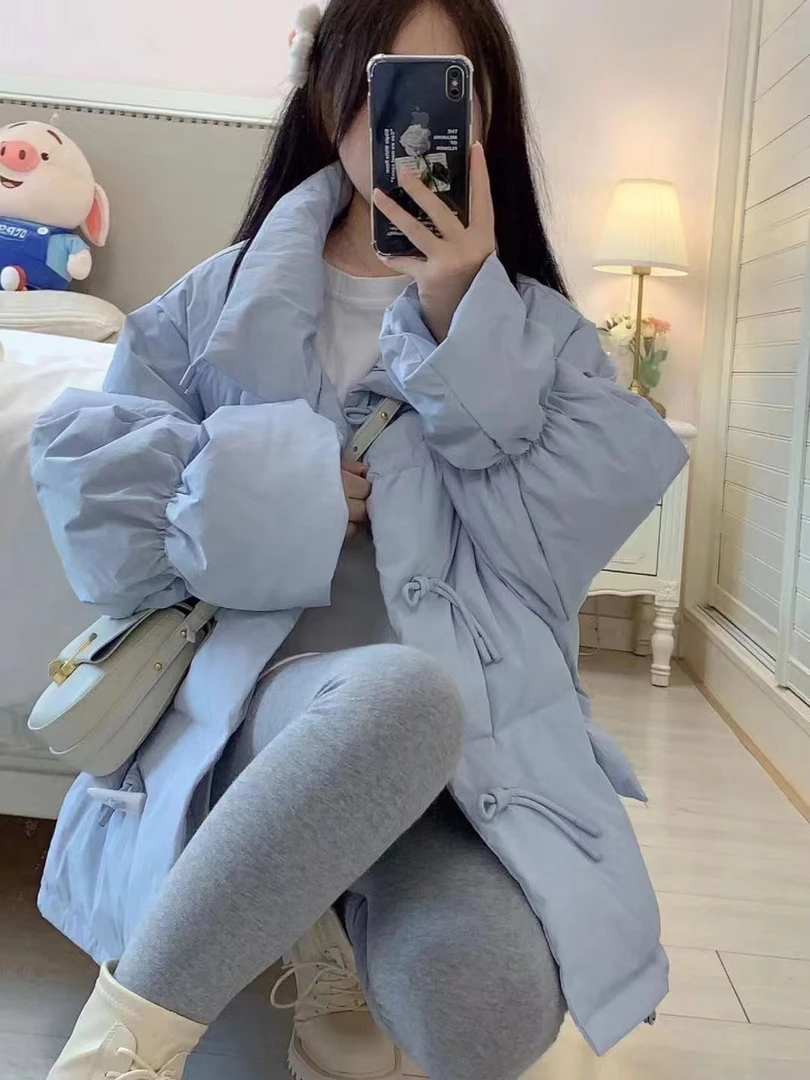 羽绒服秋季日系学生女宽松韩版蓝色加厚保暖立领牛角扣面包棉服外
