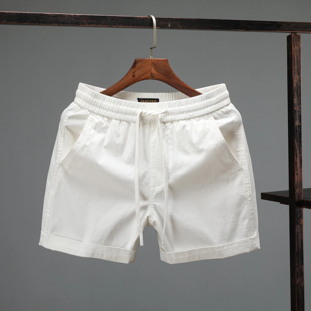 夏季纯棉水洗白色宽松休闲裤子松紧腰直筒四分裤中裤短裤男款男士