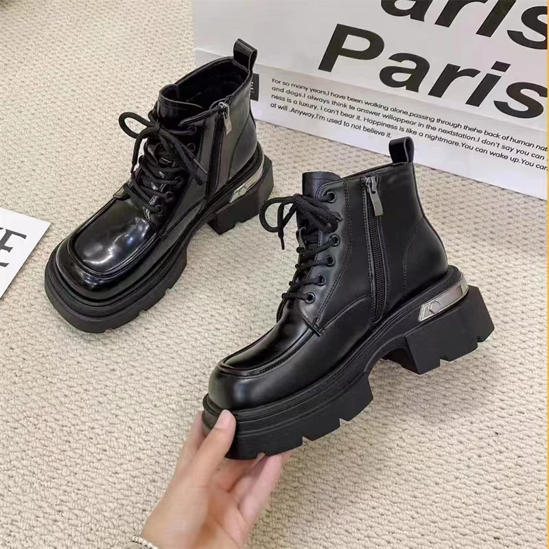 短靴真皮加绒马丁靴系带方头厚底皮靴MK665