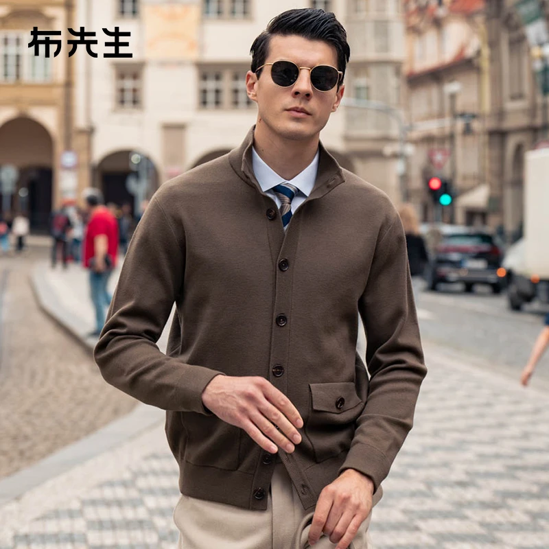 布先生羊毛衫高端男士外套加厚纯色毛衣立领针织开衫BT12139