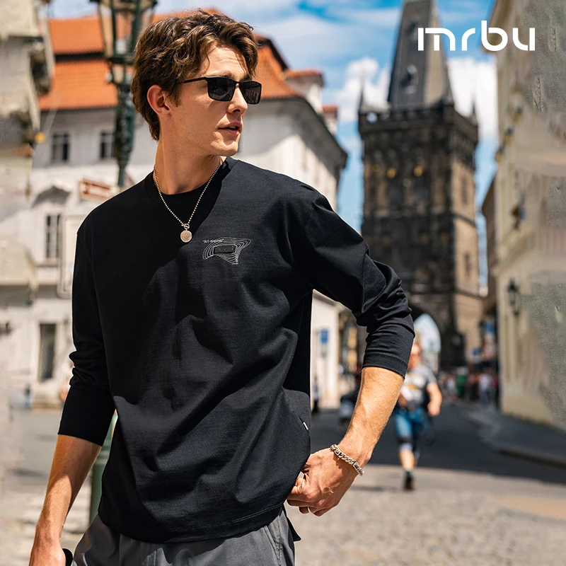 Mr.Bu布先生廓形圆领长袖T恤秋冬线条感印花男士纯棉上衣KT15663