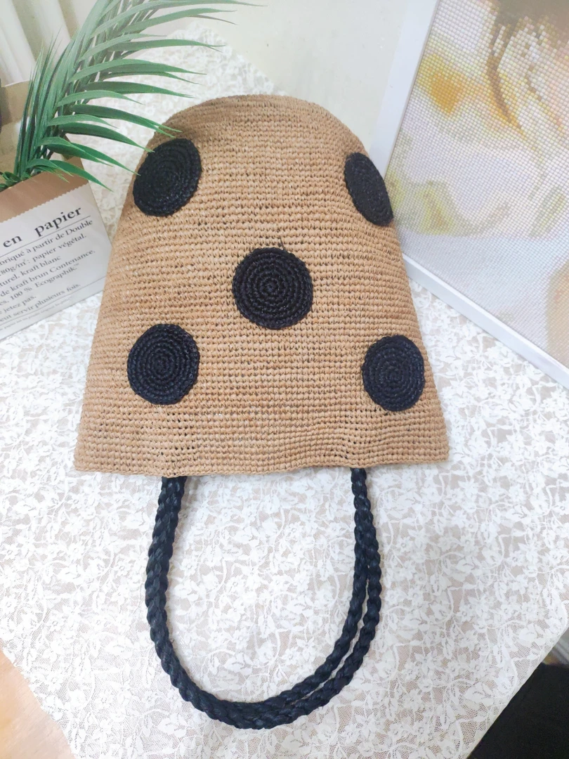 拉菲草米色+黑波点包手工包草编包时尚女包单肩包圆筒包