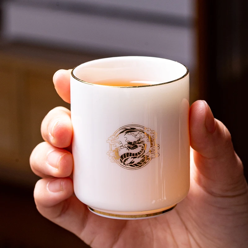 仁坤羊脂玉沉香杯个人专用杯陶瓷直立主人杯描金品茗杯轻奢泡茶杯