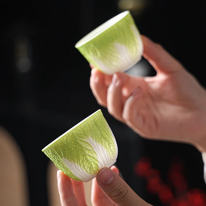 白菜陶瓷茶杯功夫茶具品茗杯小号反口杯德化白瓷羊脂玉个人杯浮雕