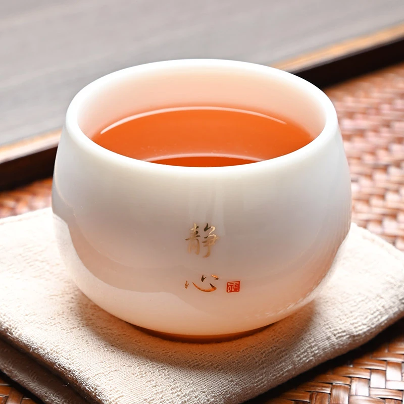 新人宠粉125ml羊脂玉茶杯描金主人杯家用陶瓷刻字白瓷罗汉杯中式