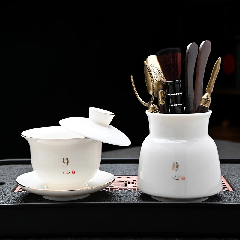 羊脂玉白瓷盖碗茶杯单个家用泡茶碗三才盖碗盖子功夫茶具大号高档