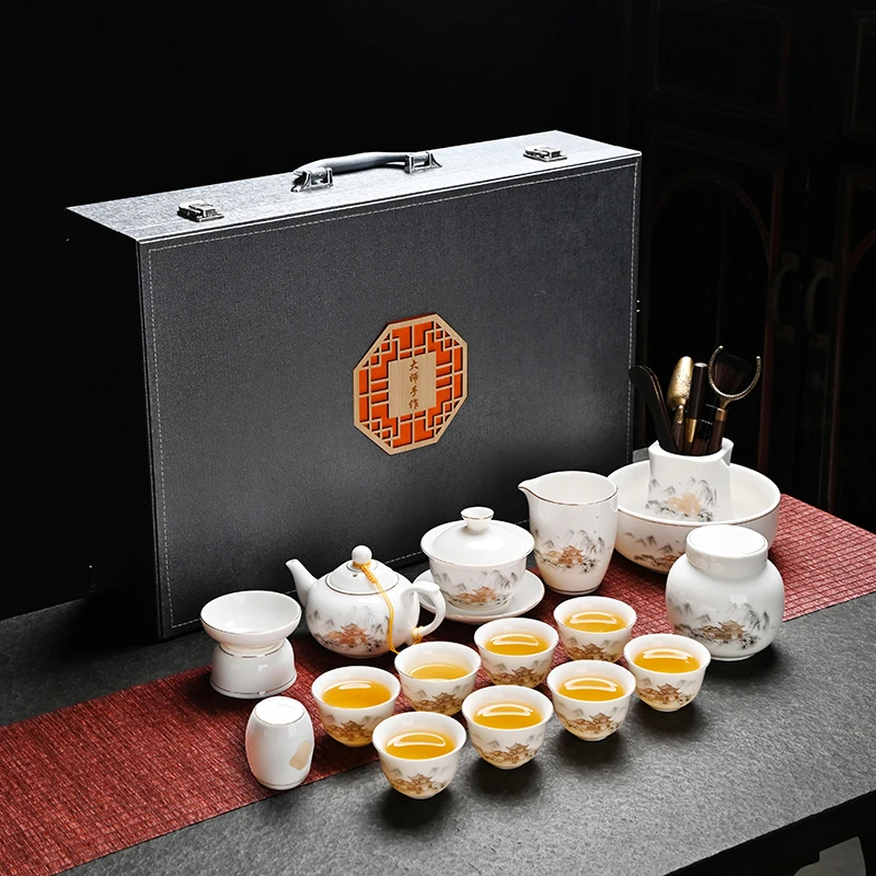 仁坤 隐山阁羊脂玉瓷白瓷陶瓷功夫茶具套装茶壶盖碗套装送礼盒装