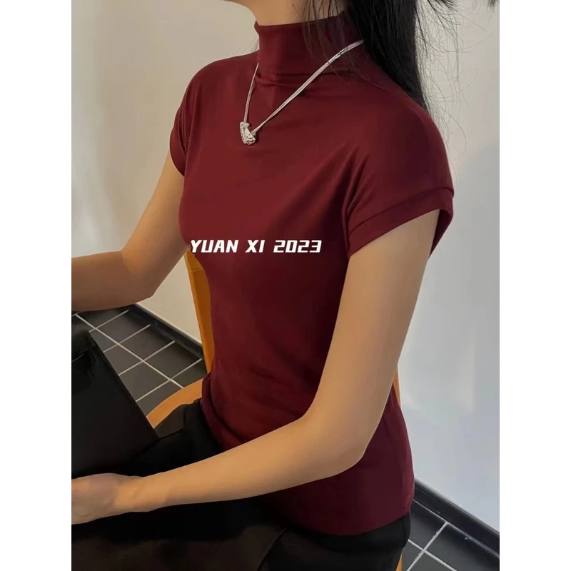 元熙半高领t恤女紧身显胸大简约气质设计感打底衫短袖上衣3017