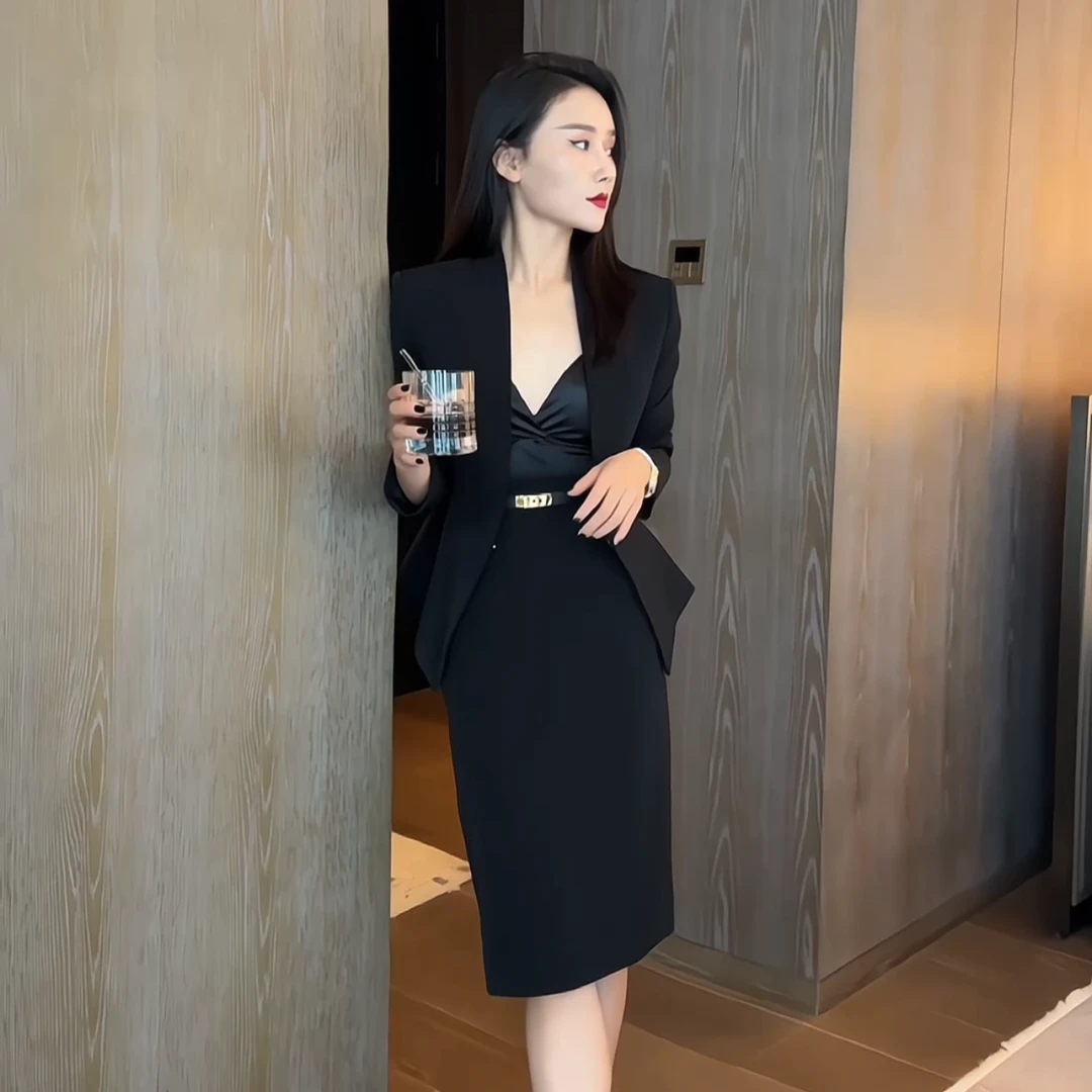 JIASHI气质西服套装轻奢黑色百搭女神小众法式春秋-TZ069+QB003