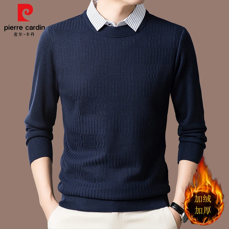 皮尔卡丹羊毛保暖衬衫领冬季假两件针织衫加绒加厚时尚提花毛衣男