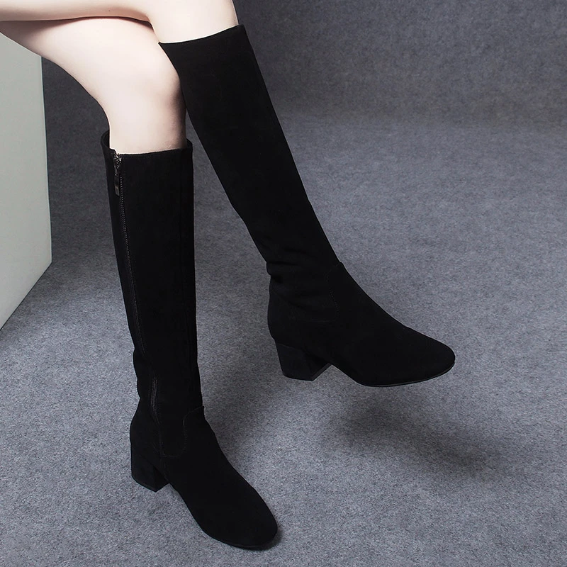 9947秋冬新款百搭羊皮长筒靴舒适粗跟简约真皮高筒靴瘦瘦靴女靴