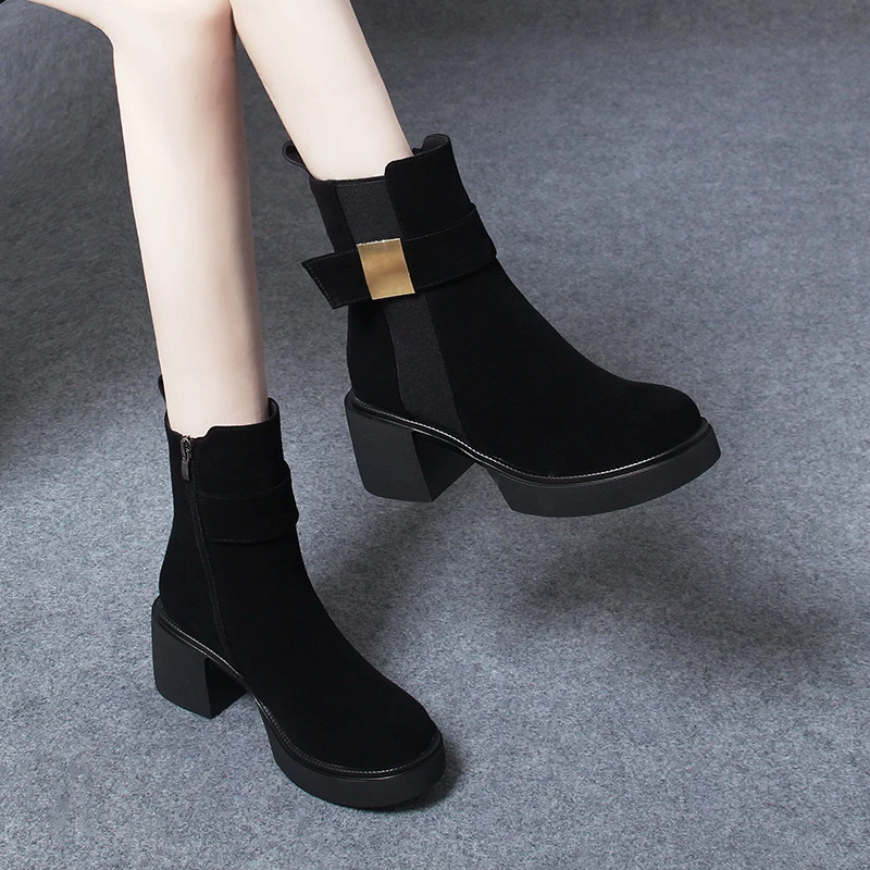 1370秋冬季新款厚底短靴高跟靴粗跟女靴子羊皮女鞋磨砂绒面马丁靴