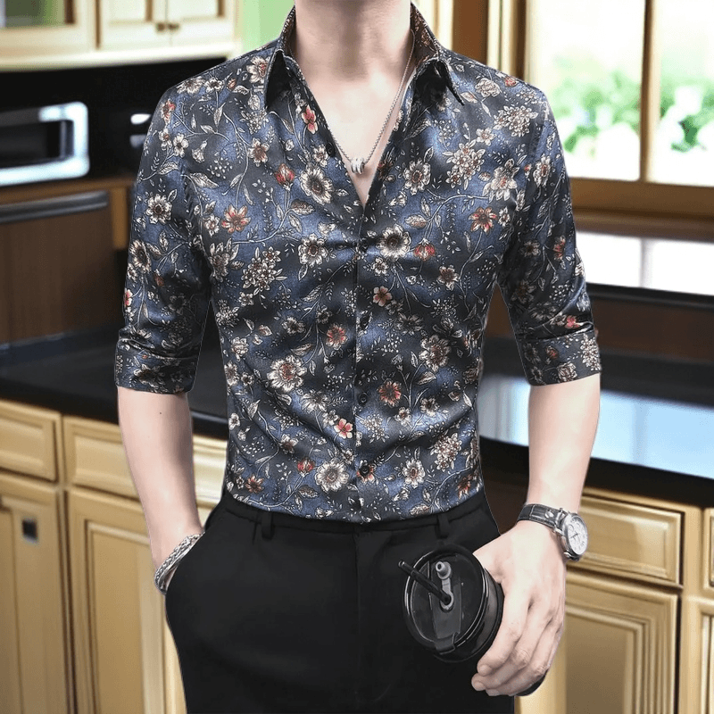 新潮国风七分袖衬衫男款痞帅高级感夏季薄款2024新款爆款花衬衣男