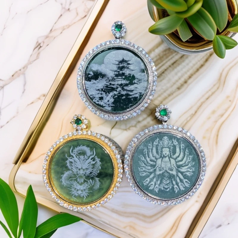 天然翡翠A货精致印花圆牌吊坠多样性发货发其一02