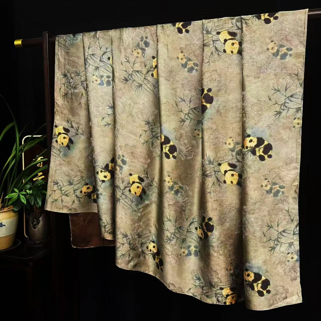 【竹林熊猫】非遗宋锦新中式香云纱国风披肩丝巾140*140（H-474）