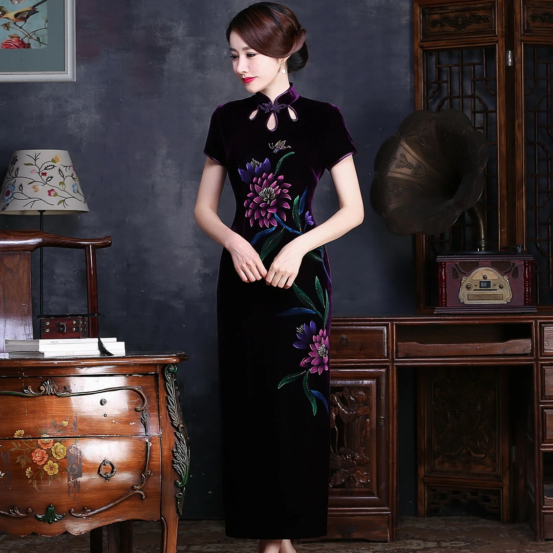 金丝绒古典旗袍中国风中式修身高贵改良旗袍气质婚礼妈妈装旗袍