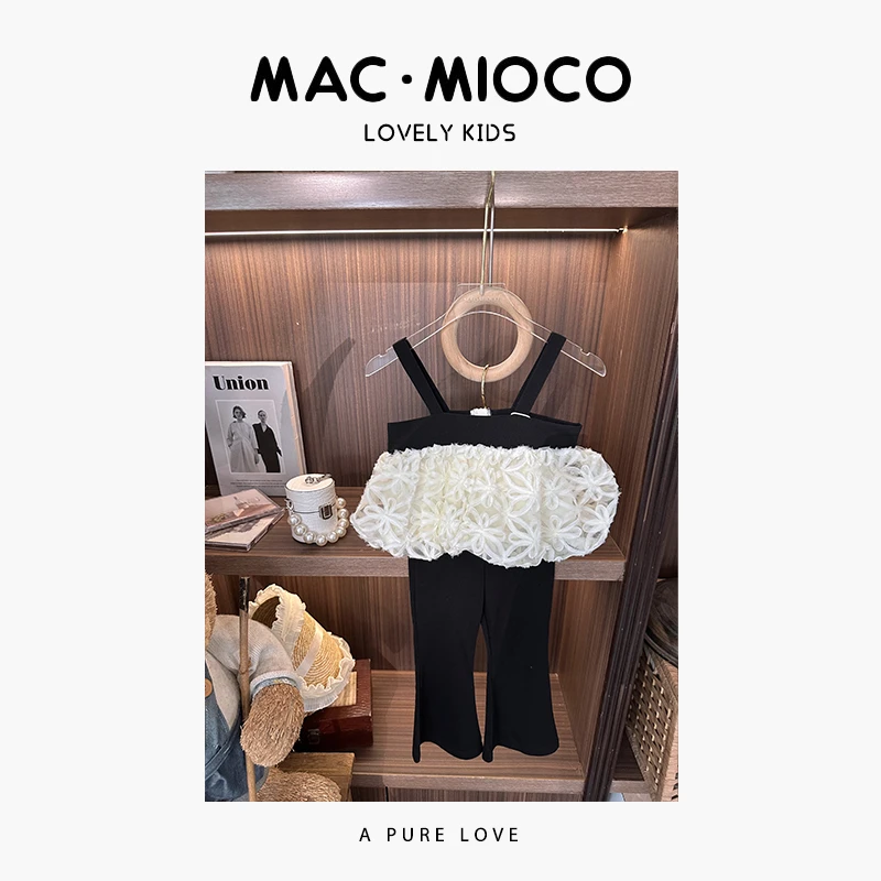 【黑玫瑰】MACMIOCO | 女童蕾丝花苞上衣冰凉喇叭裤套装 189166