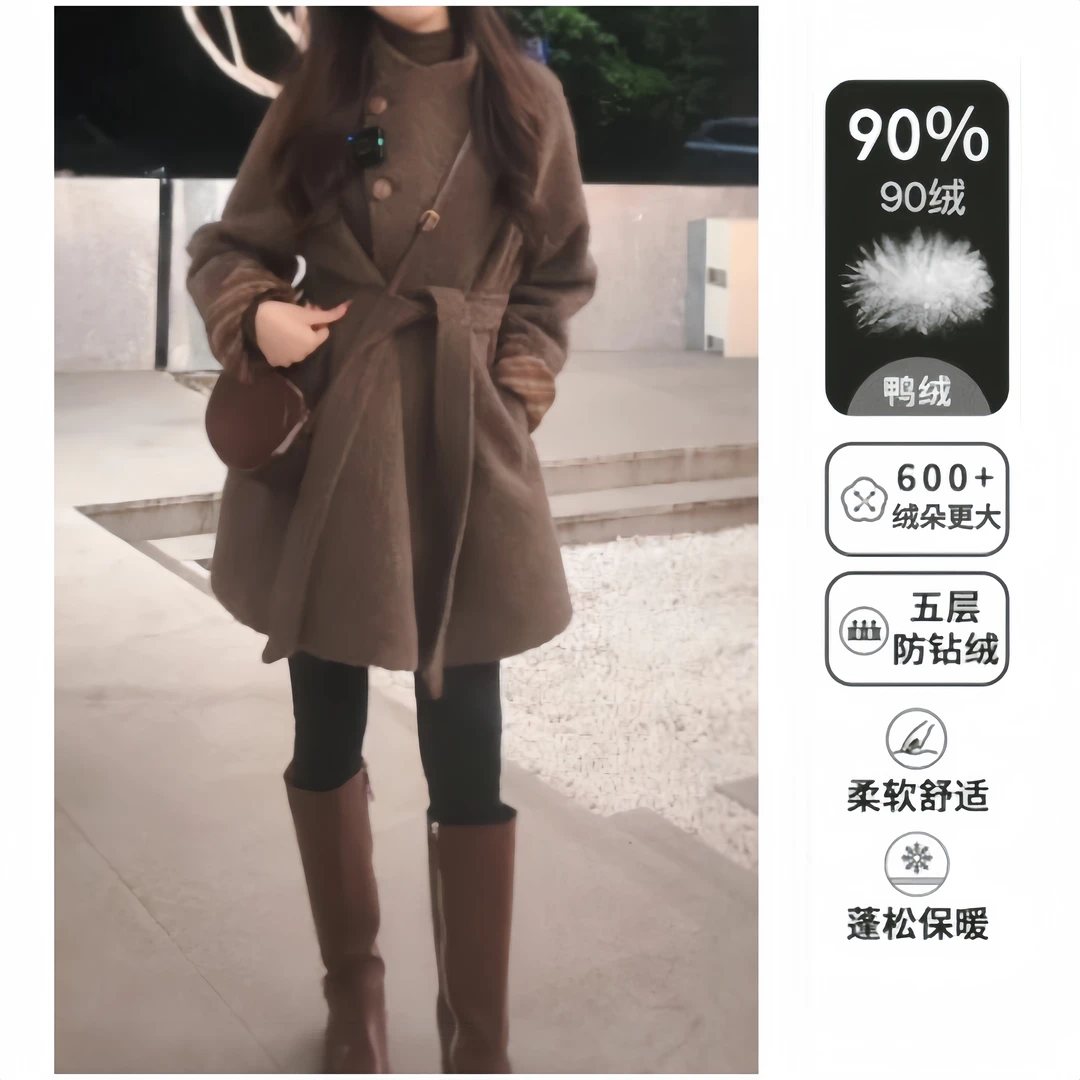 秋冬韩系设计感格纹翻袖宽松腰带羽绒大衣外套女6669
