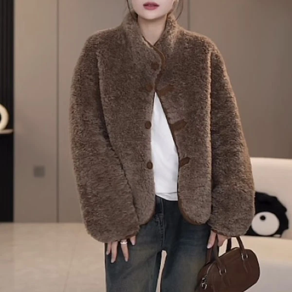 新款冬季反绒面双面穿简约设计立领女士毛毛纯色外套上衣女6559