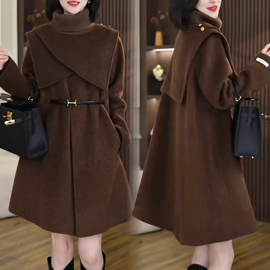 秋冬新款可拆卸斗篷毛呢大衣女中长款修身显瘦时髦两件套6538