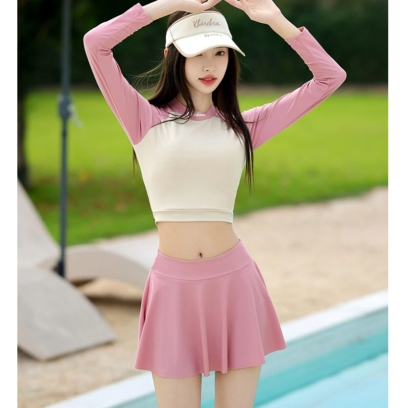 大码女生女款分体裙长袖裙式泳衣显瘦防晒适合沙滩游泳夏季紧身