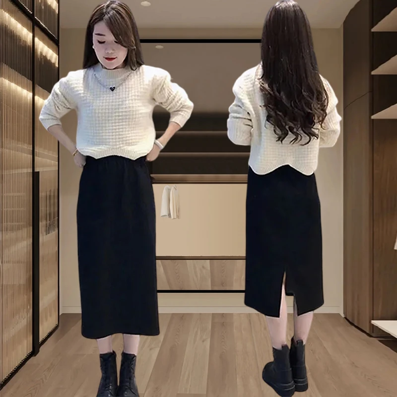 2025年春季新款圆领针织毛衣开叉半身裙两件套洋气时尚气质套装女