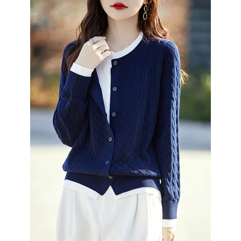 复古麻花假两件针织开衫毛衣女秋冬季2025新款高级感外搭圆领上衣