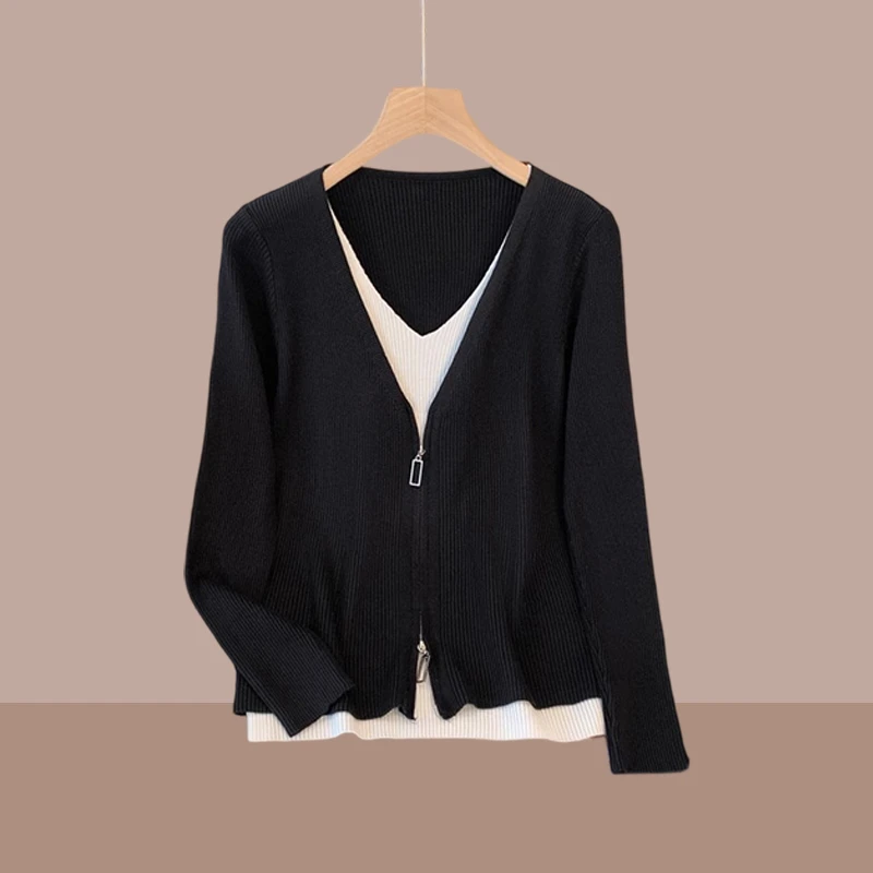 假两件长袖针织衫女春秋装2025新款拼接打底衫毛衣显瘦套头上衣服