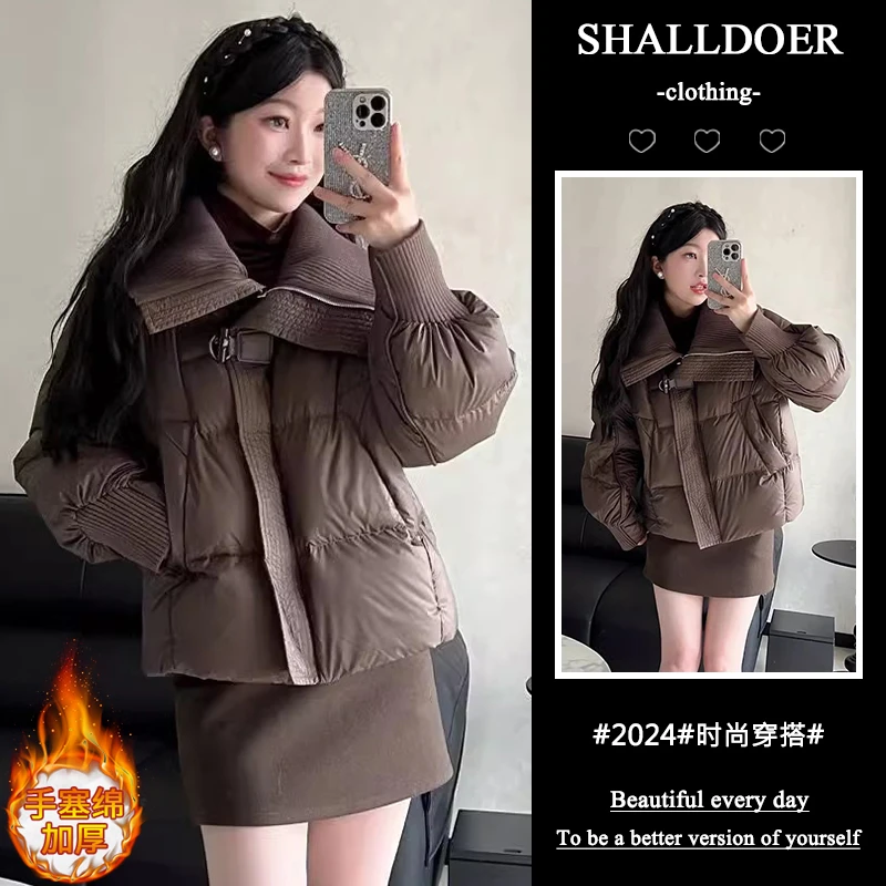 韩版短款大翻领保暖棉服女2025年冬季新款时尚设计感拼接加厚外套