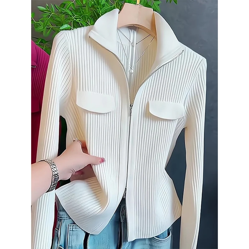 2025年春秋季新款韩版双拉链翻领设计感针织开衫上班族通勤风女装