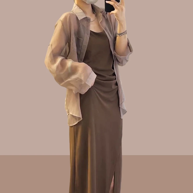 时尚套装女夏季新款轻薄防晒长袖衬衫配褶皱显瘦开叉吊带裙两件套