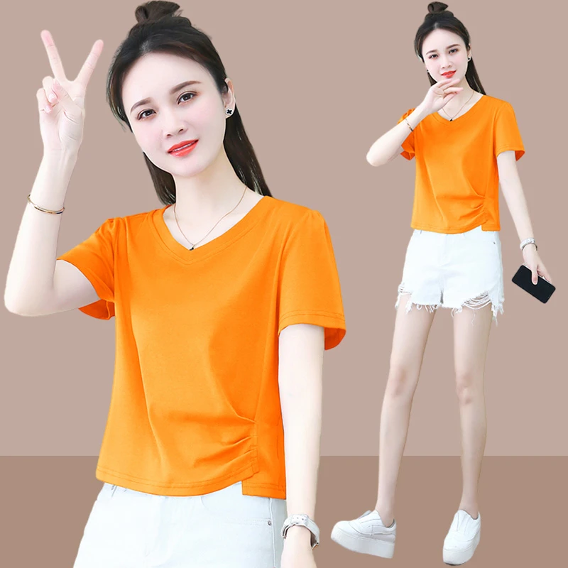 纯棉短袖t恤女士2025夏季新款修身显瘦小个子短款不规则V领上衣服