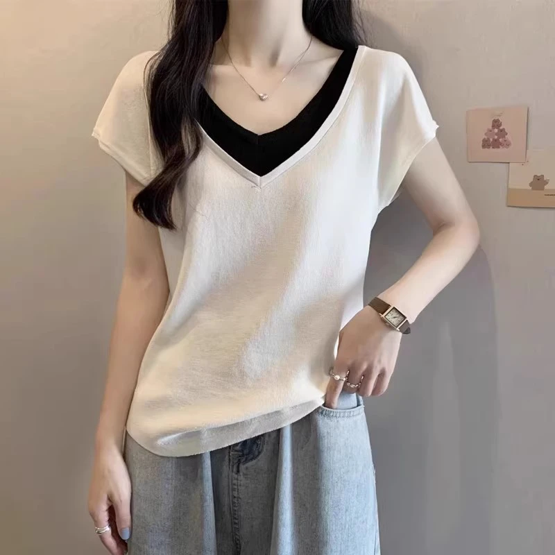 2025年夏季流行洋气宽松上衣假两件时尚休闲正肩短袖t恤女高级感