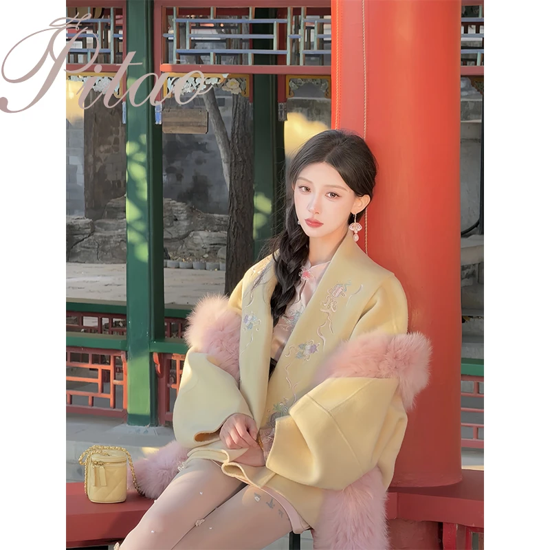 杜屁屁桃PITAO 原创【浮世欢】全羊毛大衣冬季新中式提花翻领外套