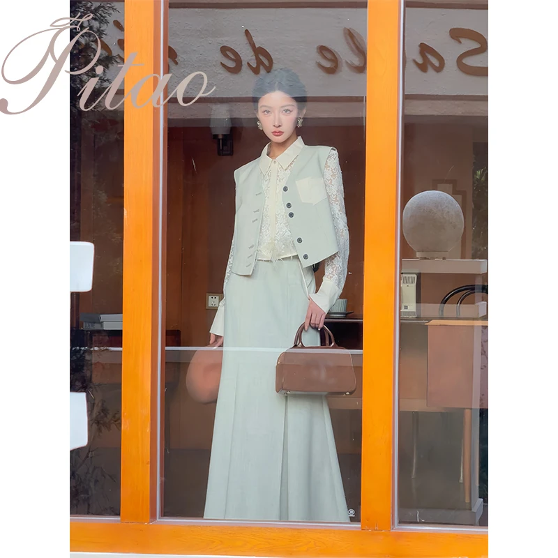 杜屁屁桃PITAO 原创【景仪日记】马甲+半身裙+衬衫法式经典文艺套装