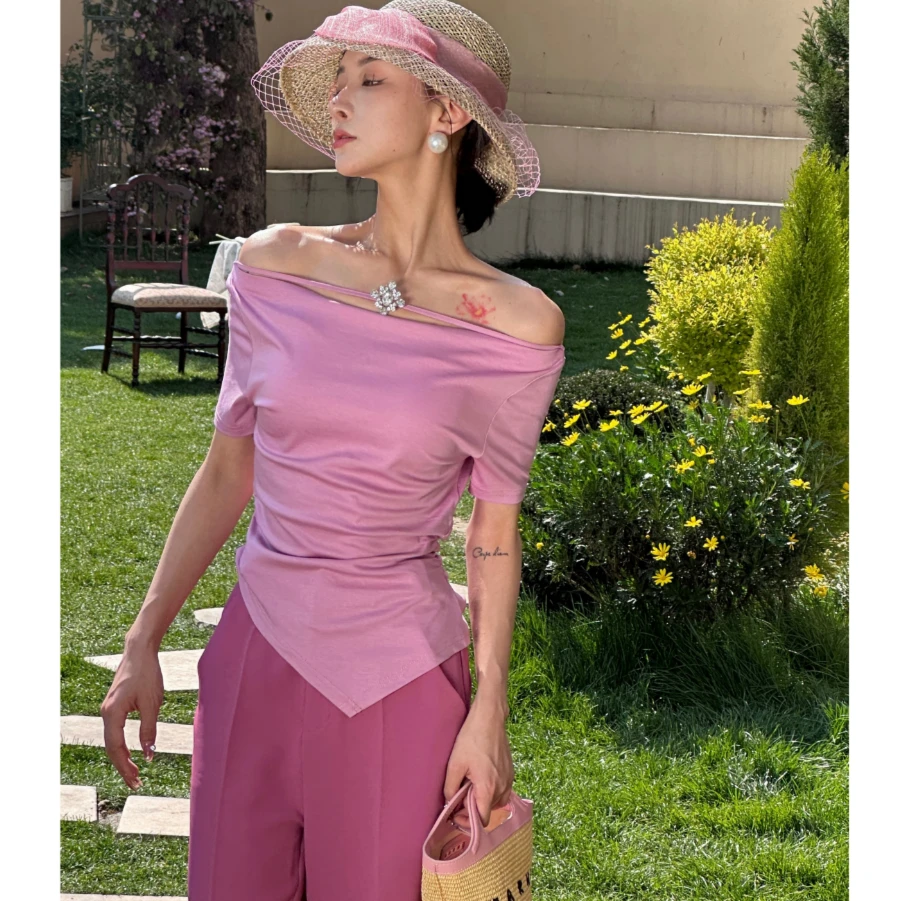 PITAO原创【纯欲天花板】T恤 显瘦 夏季 一字肩 气质身百搭桑蚕丝