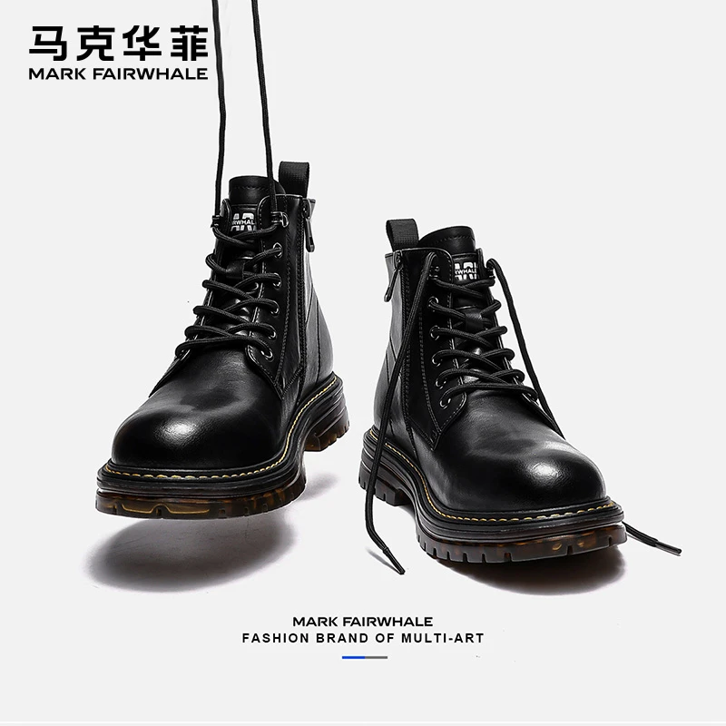 马克华菲马丁靴男款黑色英伦风高帮男鞋真皮机车工装男士靴子皮靴