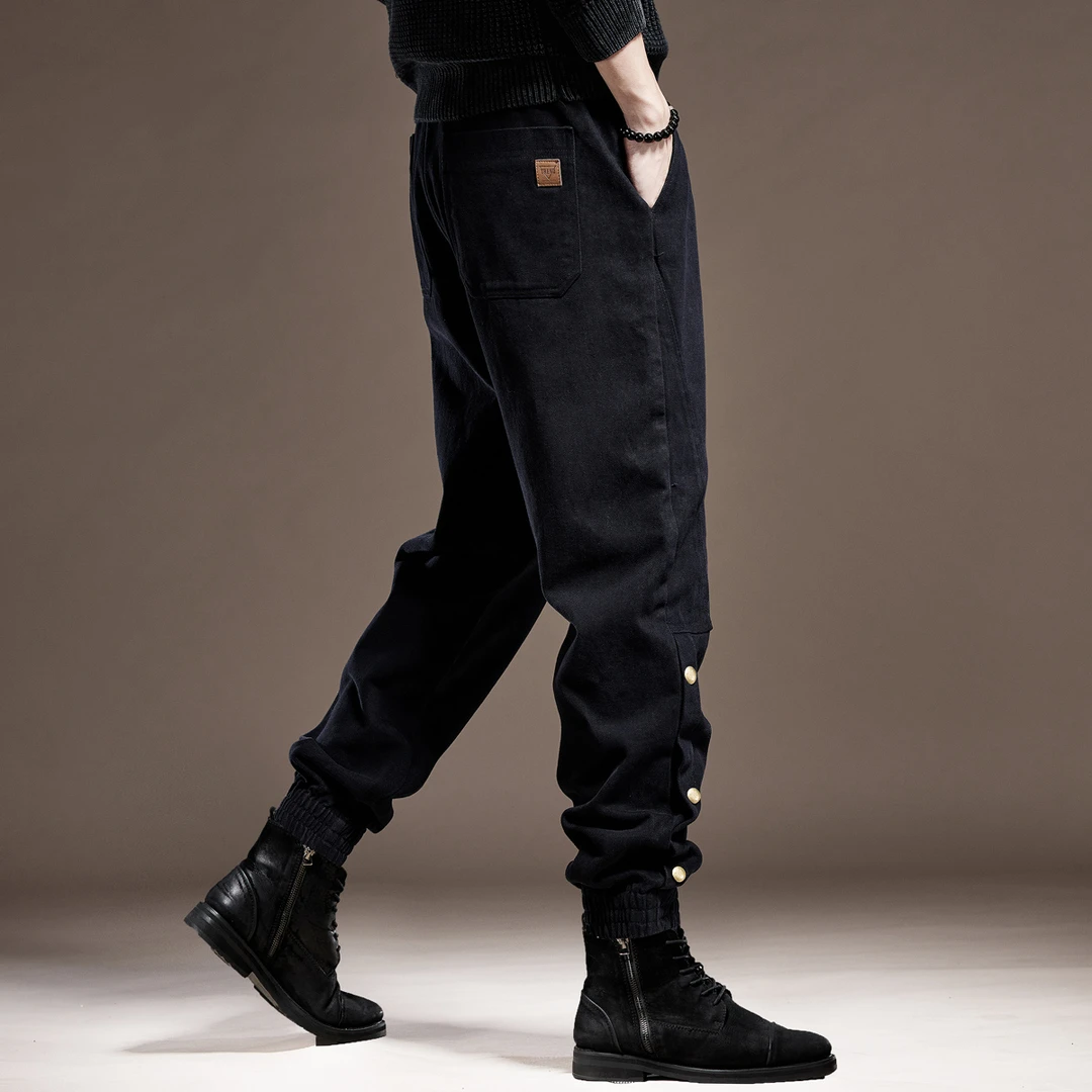 美式复古春秋新款男士工装裤宽松潮牌排扣束脚加厚高端休闲裤子男