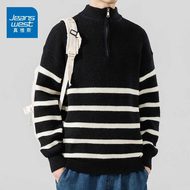 真维斯2025半拉链条纹毛衣立领秋冬新款慵懒高级感宽松套头打底衫