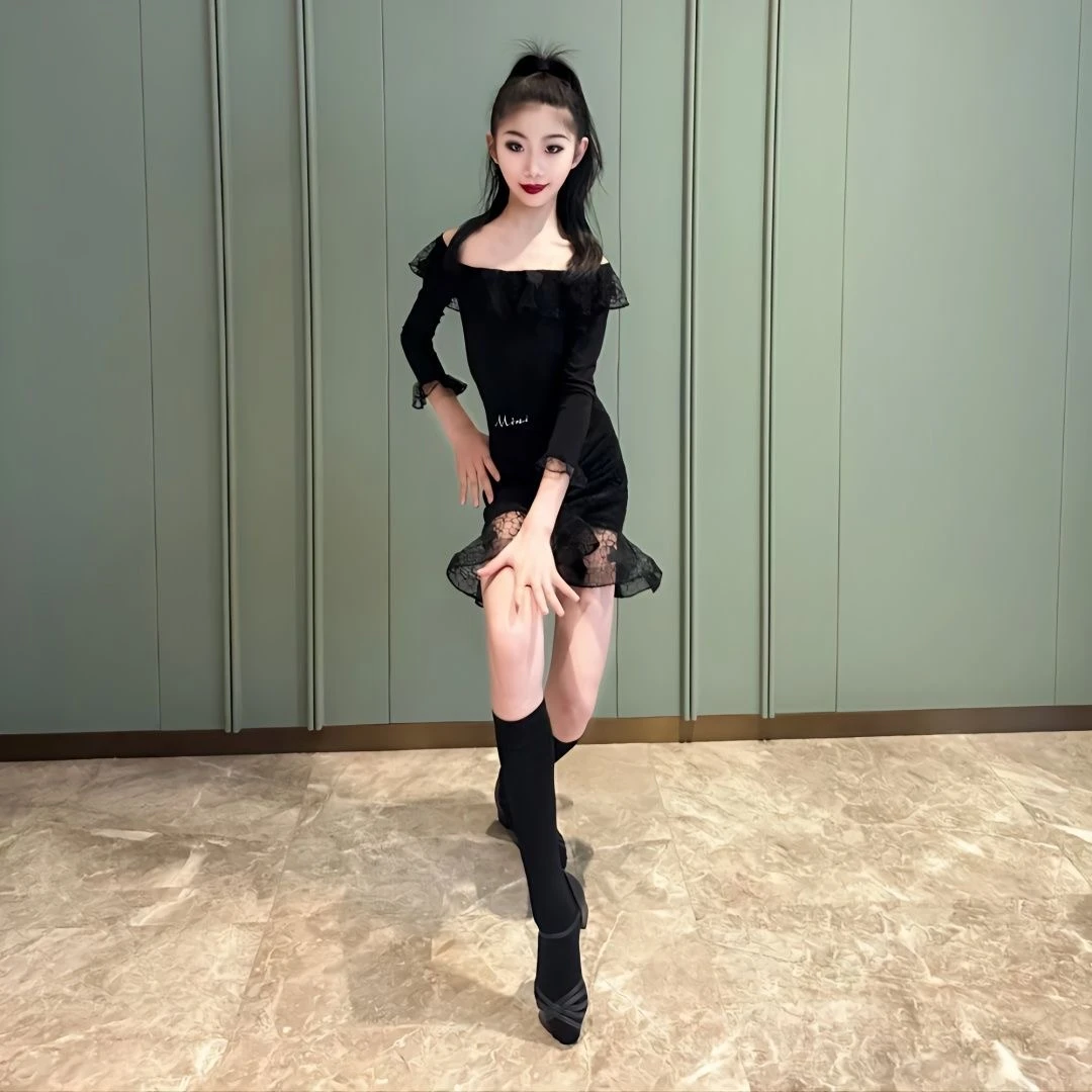 2023新款少儿拉丁舞服长袖一字领鱼骨蕾丝边包臀短裙拉丁练习服