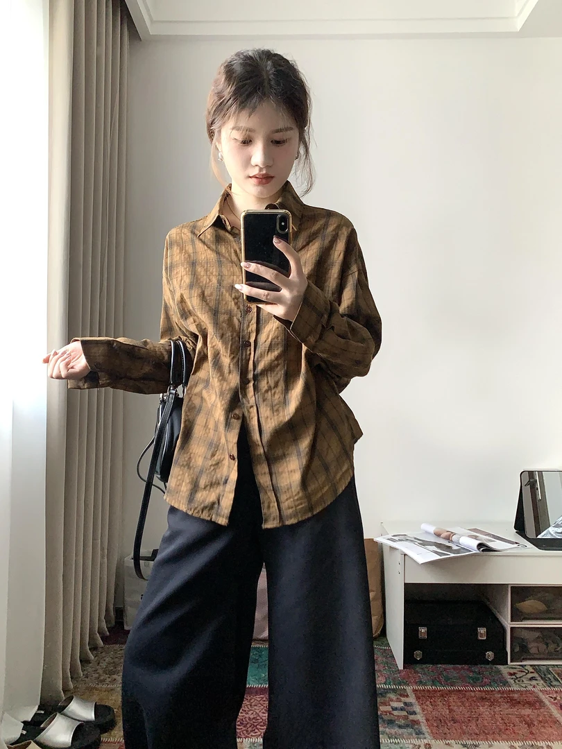 格子复古衬衫女2025秋季新款休闲上衣宽松慵懒风百搭长袖衬衣外套